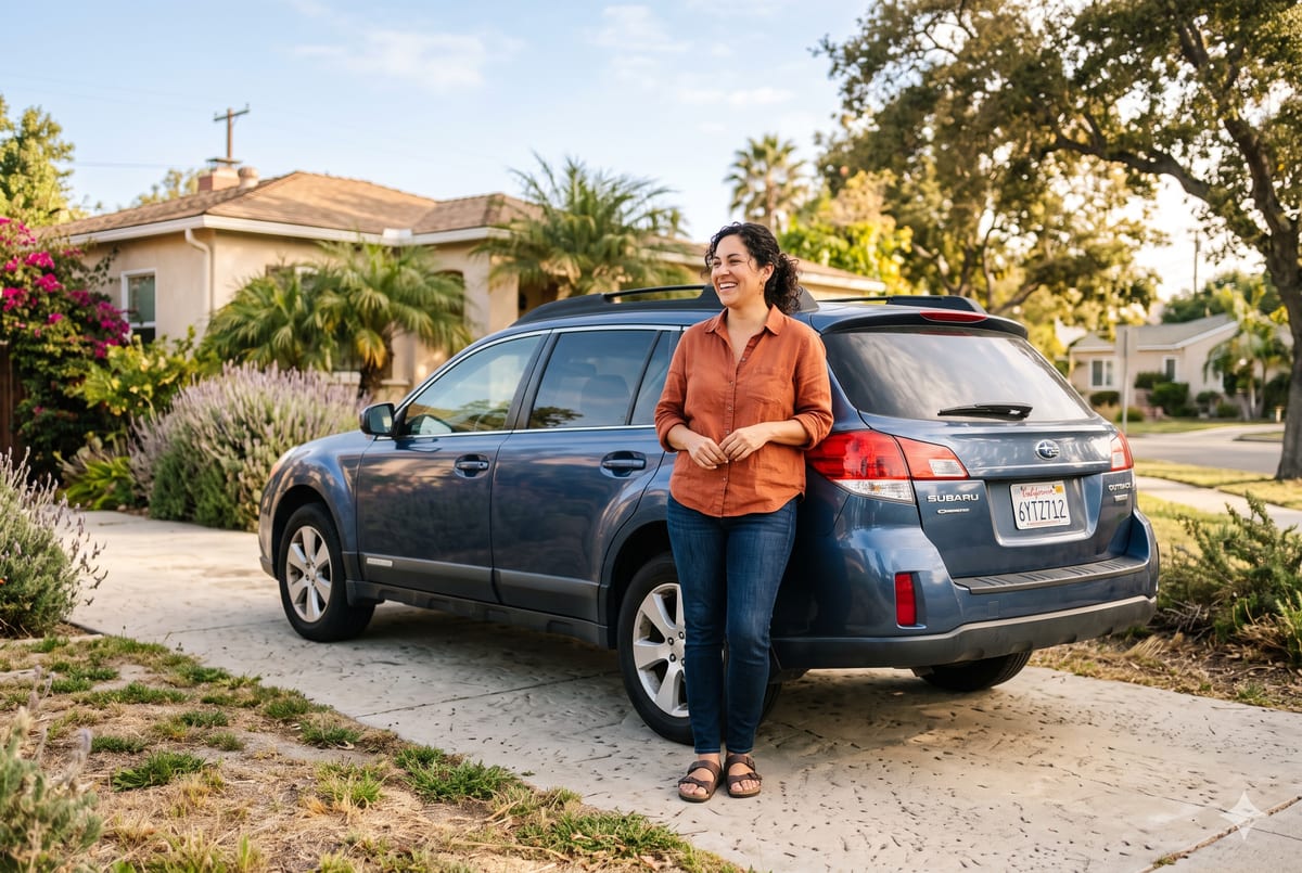 A relaxed California driver standing beside their car in a sunny suburban driveway.