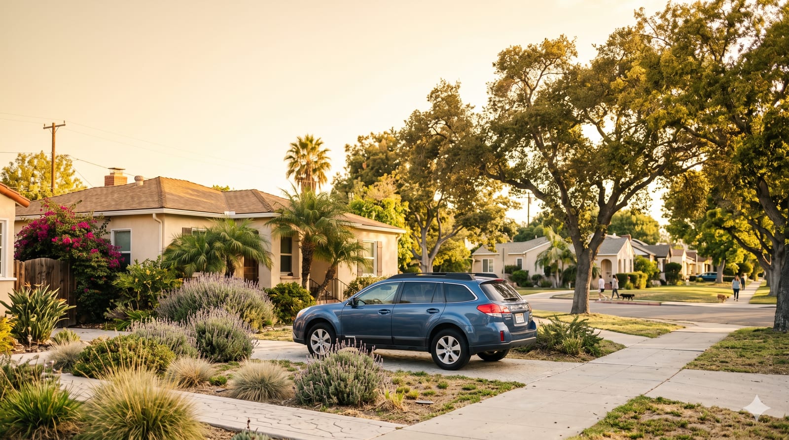 A relaxed California driver standing beside their car in a sunny suburban driveway.