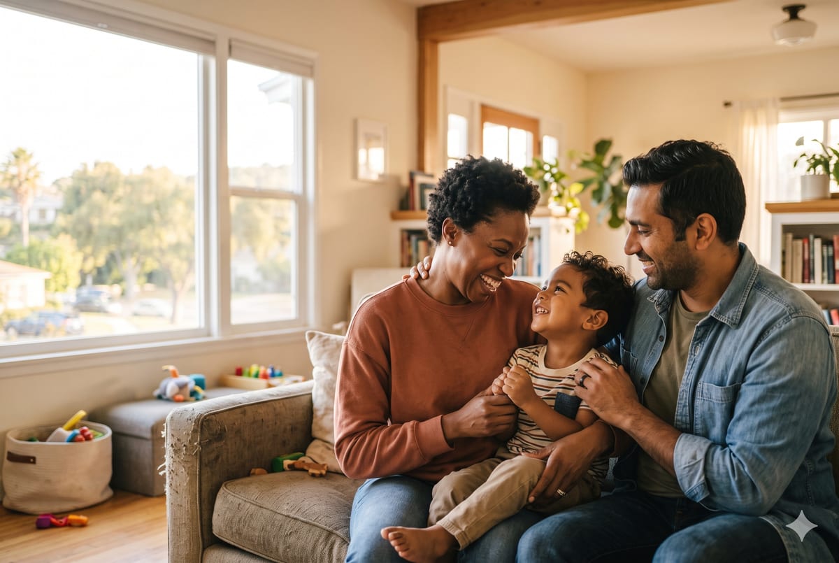 Parents and a young child together at home, a warm sense of long-term security.